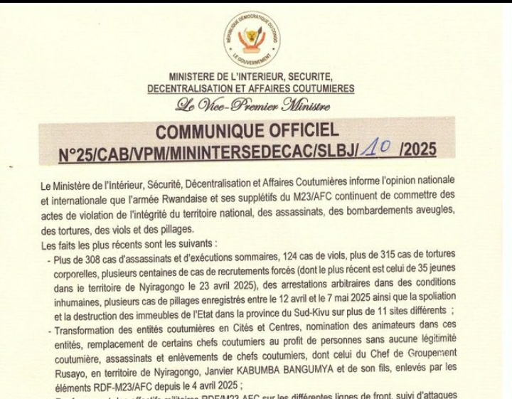 Violences en RDC : Le gouvernement de Kinshasa accuse l'AFC/M23 de graves violations des droits humains